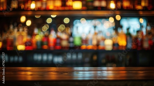Wooden bar counter on a blurred background of bottles. Advertising space photo