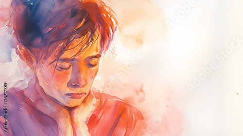 Watercolor illustration of a sad person, male, female, guy, lady, gender neutral, sadness, empty space to write message, greeting card photo