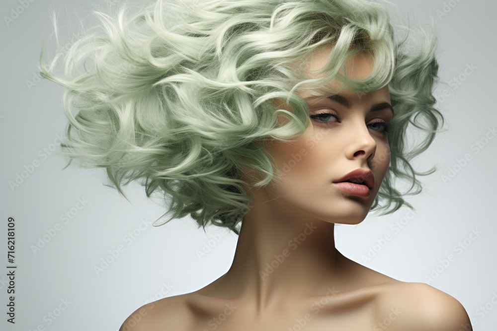 Woman with vibrant green hair in close-up shot. Perfect for fashion, beauty, and alternative lifestyle themes