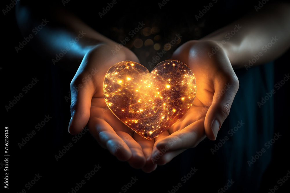 A heart-shaped light above the hand, a symbol of shining love and affection A heart-shaped light above the hand, a symbol of shining love and affection