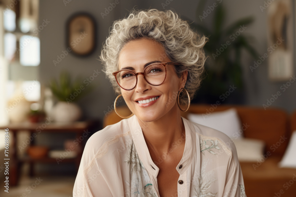 Woman with glasses smiling in comfortable living room. Perfect for showcasing friendly and relaxed atmosphere. Woman with glasses smiling in comfortable living room. Perfect for showcasing friendly and relaxed atmosphere.