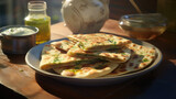 Plate of flatbreads placed on wooden table. Suitable for food-related projects and restaurant promotions
