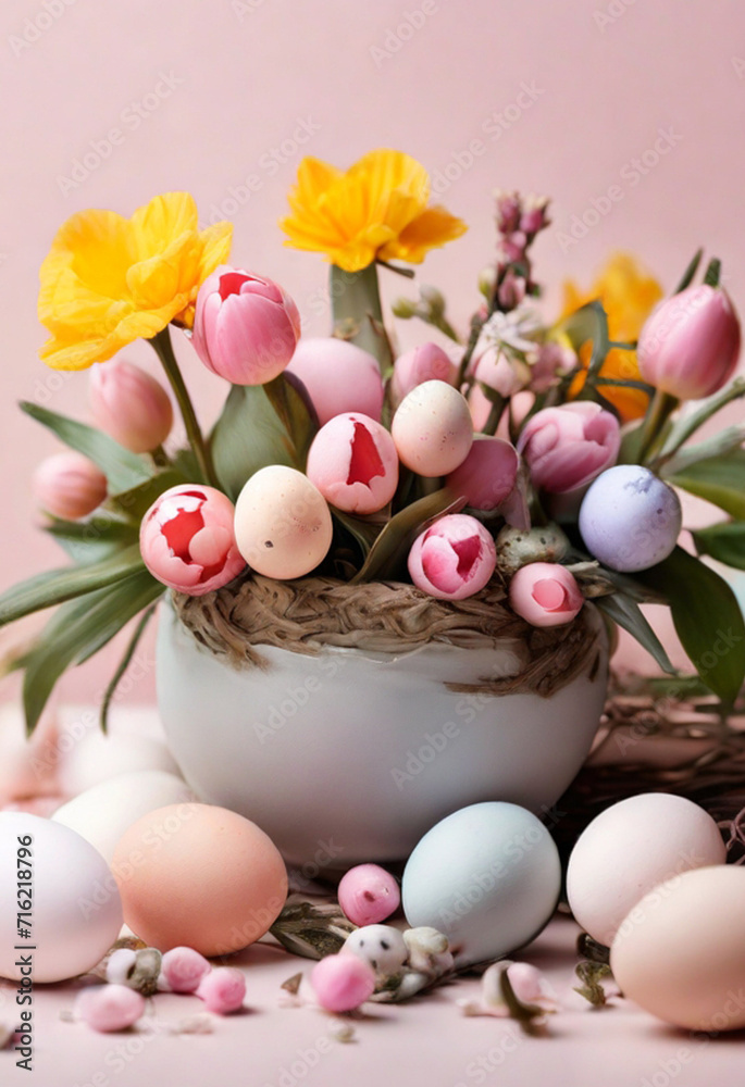 Light pink and blue colored eggs and spring flowers - tulips on pink background, beautiful Easter composition gift card