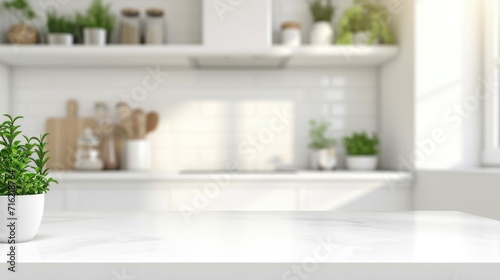 countertop with blurred home kitchen background in white