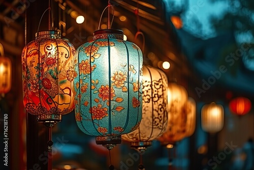 A Symphony of Light An Array of Illuminated Lanterns Adorned with Intricate Floral Patterns, Casting a Warm and Inviting Glow in the Serene Evening Atmosphere © photobuay
