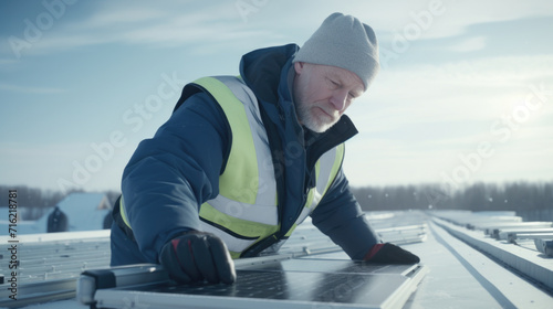 Man is seen working on solar panel on roof. This image can be used to showcase installation or maintenance of solar panels on residential or commercial buildings