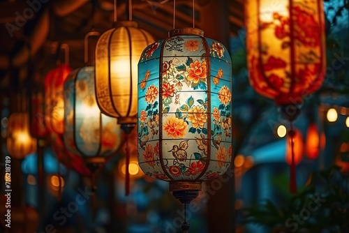 A Symphony of Light An Array of Illuminated Lanterns Adorned with Intricate Floral Patterns, Casting a Warm and Inviting Glow in the Serene Evening Atmosphere © photobuay