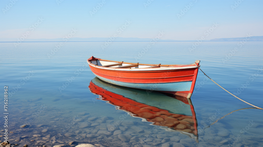 Red and white boat resting on surface of calm body of water. Suitable for various uses