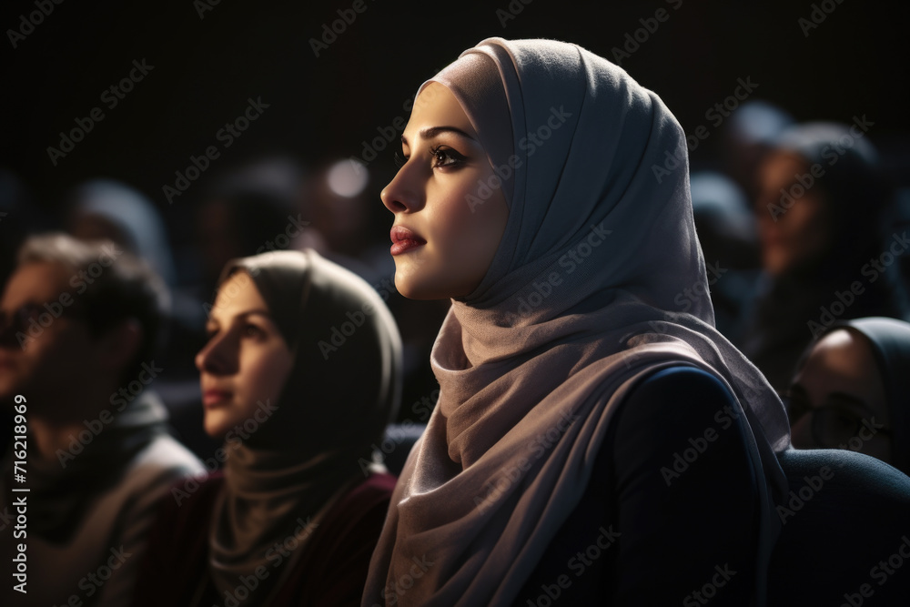 Woman wearing hijab is engrossed in watching movie. Perfect for illustrating diversity and cultural representation in entertainment industry Woman wearing hijab is engrossed in watching movie. Perfect for illustrating diversity and cultural representation in entertainment industry