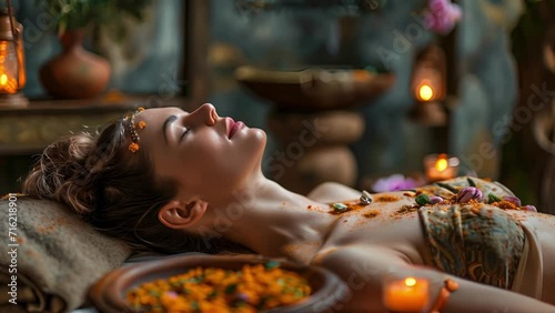A woman receiving an Ayurvedic massage with warm herbal oils, known as Abhyanga, as a form of holistic selfcare at the retreat. photo