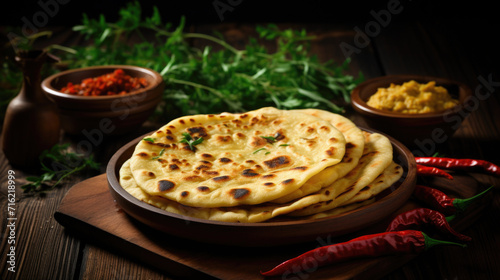 Plate of flatbreads placed on wooden table. Ideal for food-related projects or restaurant advertisements