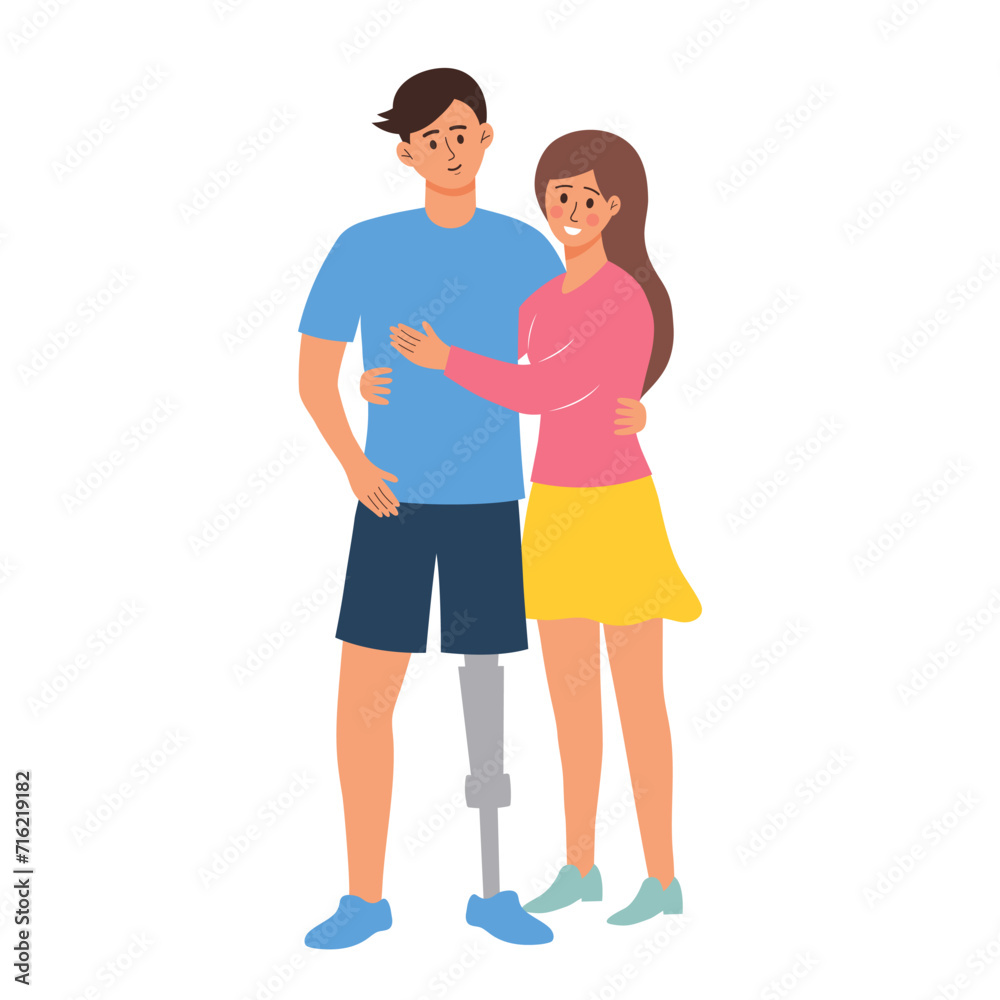 Love couple hugging. Disabled man with a prosthetic leg and woman supports him. Happy handicap family. Love couple hugging. Disabled man with a prosthetic leg and woman supports him. Happy handicap family.
