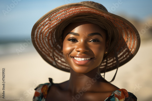 Woman wearing hat enjoying beach. Perfect for travel or vacation-related content