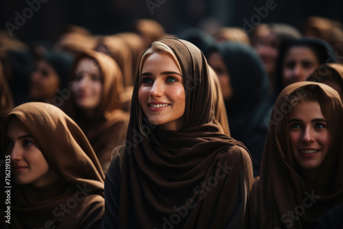 Group of women wearing brown headscarves. Suitable for depicting diversity, cultural traditions, or religious practices
