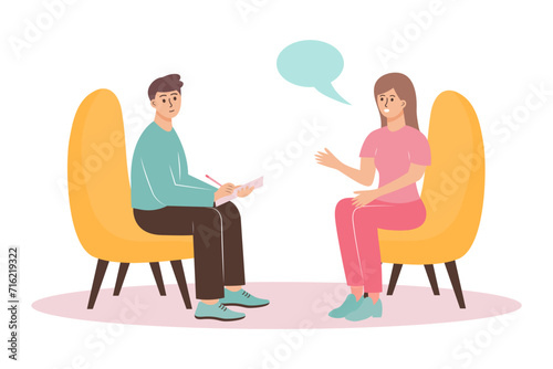 Woman at psychologist appointment talks about her problems. Male psychotherapist sitting in front of the patient, listening to him and making notes. Psychological help, consultation, support