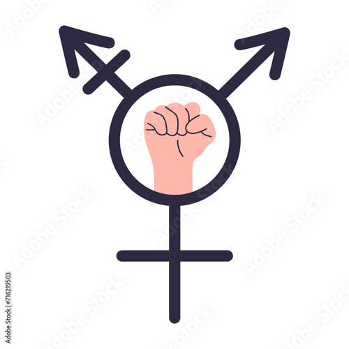 Transgender symbol with fist. Fist in the ring of the gender sign. Flat vector illustration.