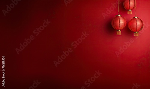 Red lantern hanging high, in the red simple Chinese pattern background, simple and beautiful generative AI