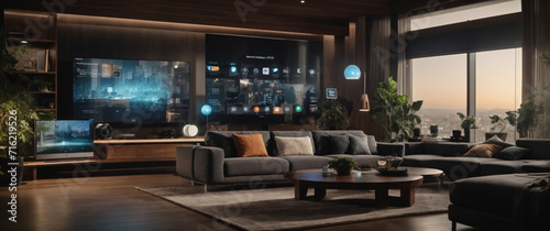 illustrate the concept of the Internet of Things with an image of a smart home, featuring various connected devices and appliances photo