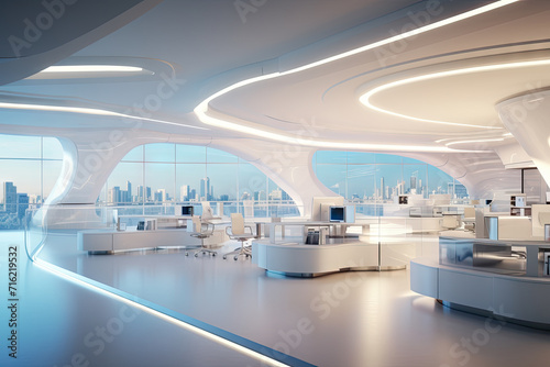 Futuristic Office Space with Sleek Modern Design and Panoramic City Views