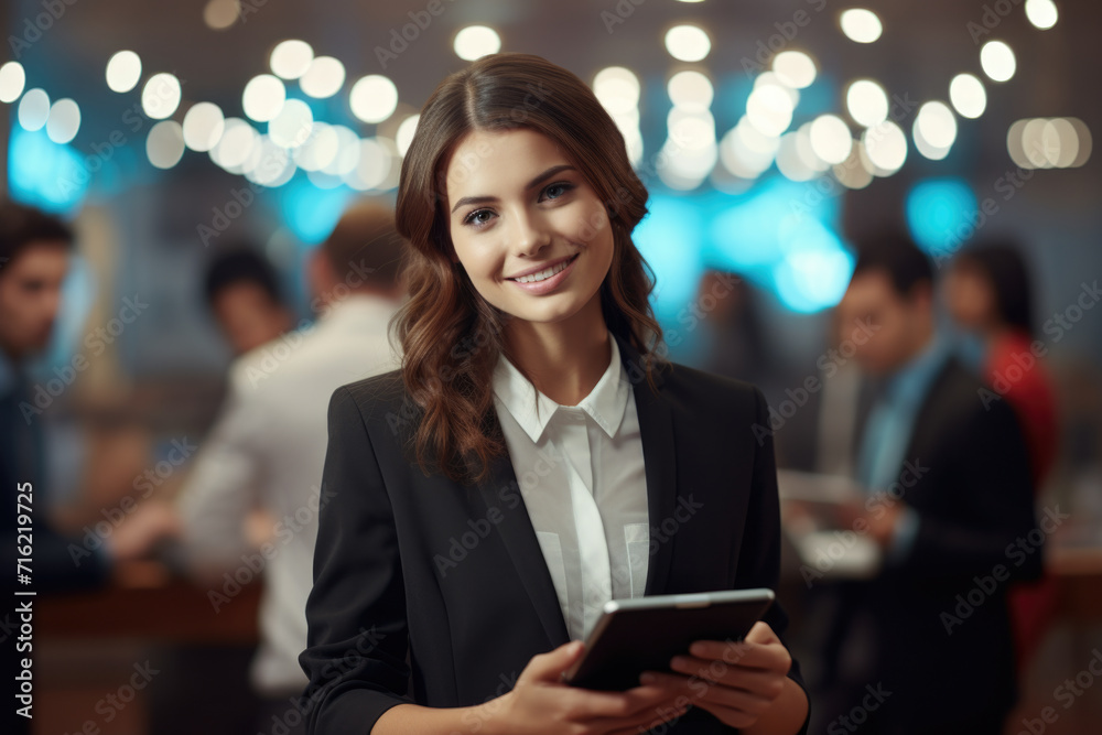 Professional woman dressed in business suit holding tablet computer. Suitable for corporate, technology, and digital communication concepts Professional woman dressed in business suit holding tablet computer. Suitable for corporate, technology, and digital communication concepts