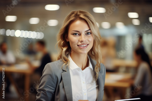 Woman in business suit holding tablet computer. Suitable for business, technology, and communication concepts © vefimov