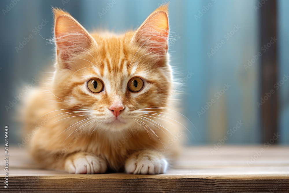 Cat sitting on top of wooden table. Can be used for pet-related articles or home decor themes