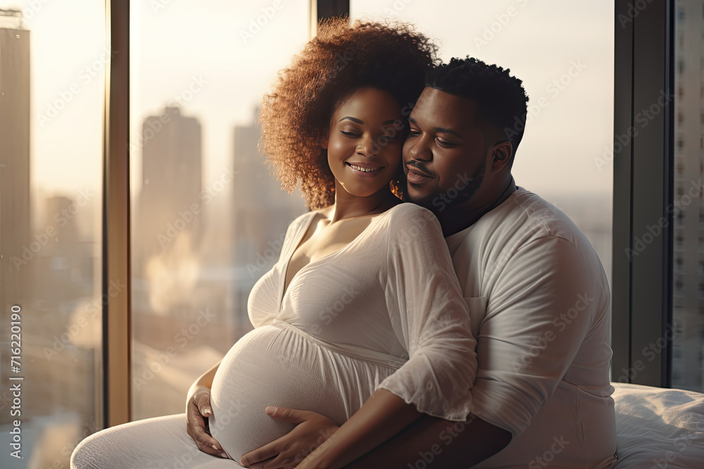 Expectant Joy: Loving Couple Embracing Pregnancy Glow - obrazy, fototapety, plakaty 