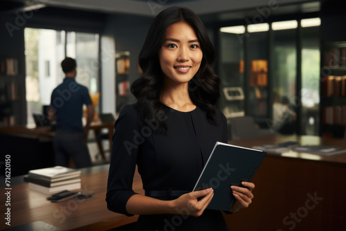 Woman in black dress holds book. This versatile image can be used to represent education, literature, or reading. Perfect for book covers, blog posts, or promotional materials