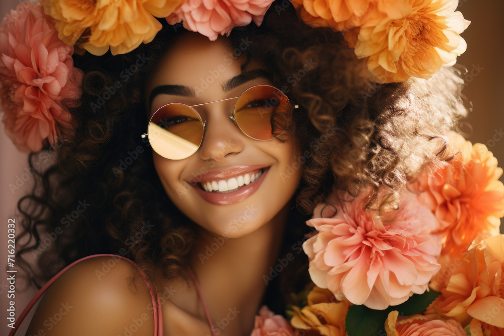 Woman wearing sunglasses and adorned with flowers in her hair. Can be used for fashion, summer, or outdoor-themed designs Woman wearing sunglasses and adorned with flowers in her hair. Can be used for fashion, summer, or outdoor-themed designs