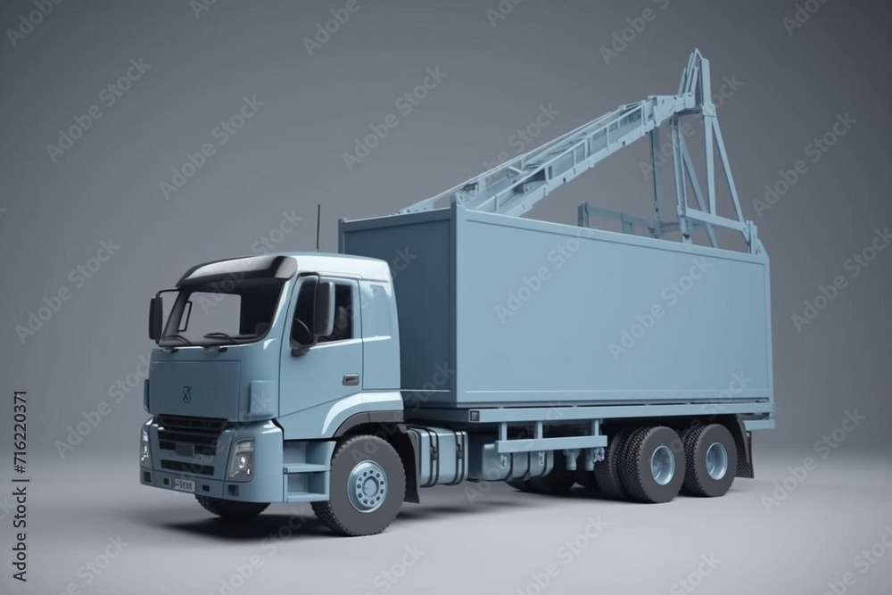 Cargo-loading concept: blue crane truck loading container, 3D render on gray background with shadow. Generative AI