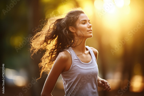 Woman running in park during beautiful sunset. Perfect for fitness and health-related articles or websites