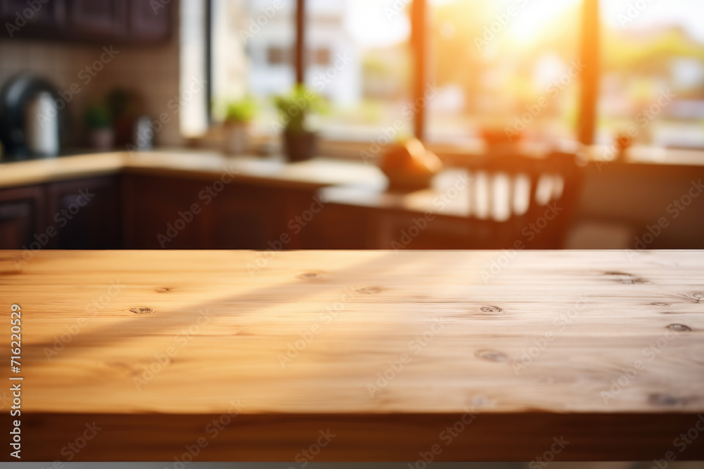 Wooden table placed in front of window, providing scenic view. This image can be used to depict cozy and inviting workspace or peaceful environment with natural lighting Wooden table placed in front of window, providing scenic view. This image can be used to depict cozy and inviting workspace or peaceful environment with natural lighting