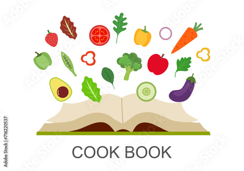 Opening cook book in flat design on white background. Healthy recipes book concept vector illustration.