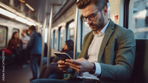 Man with a tablet on a train, seamlessly working while traveling thanks to remote work