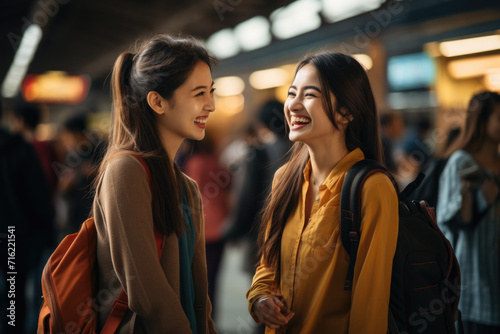 Two young women smiling at each other. Can be used to depict friendship, happiness, or positive interaction between individuals