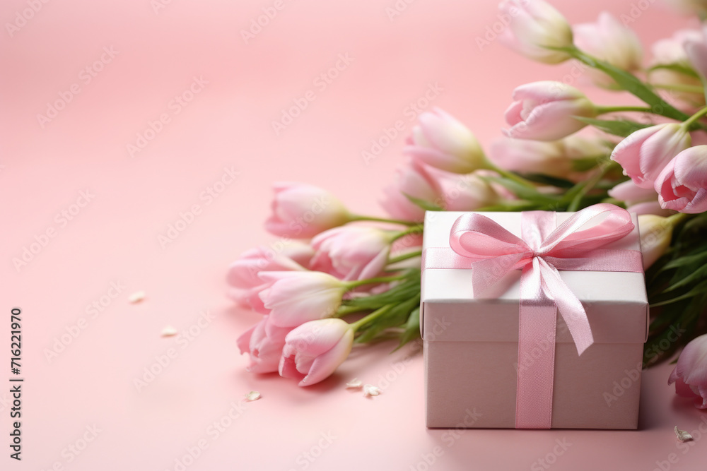 White box with pink bow and bouquet of pink tulips. Perfect for gifting or celebrating special occasions White box with pink bow and bouquet of pink tulips. Perfect for gifting or celebrating special occasions