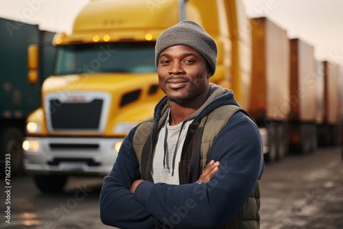 Man standing confidently in front of semi truck. Perfect for illustrating transportation, logistics, or trucking industry