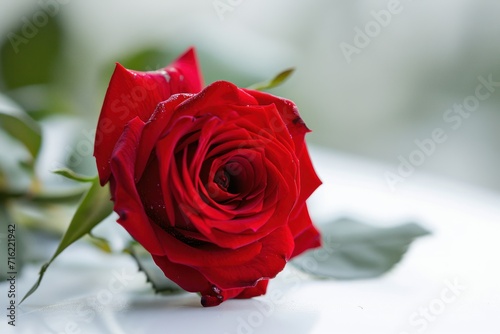 a single red rose with blurred background on a white background