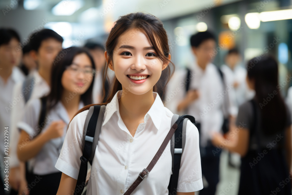 Woman wearing white shirt and carrying black backpack. Suitable for travel, adventure, or urban lifestyle themes
