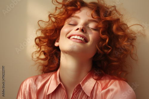Woman with vibrant red hair and cheerful smile, dressed in pink shirt. This image can be used to portray happiness, positivity, and confidence.