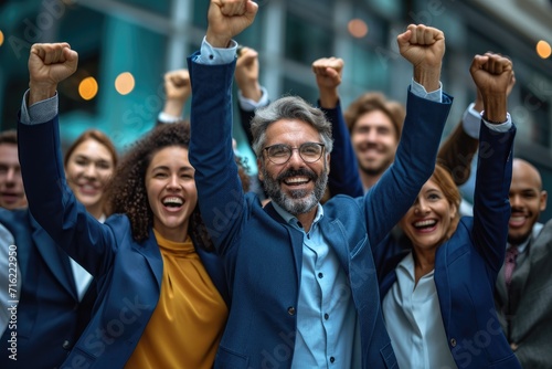 Group of businesspeople, their hands raised. Generative Ai.