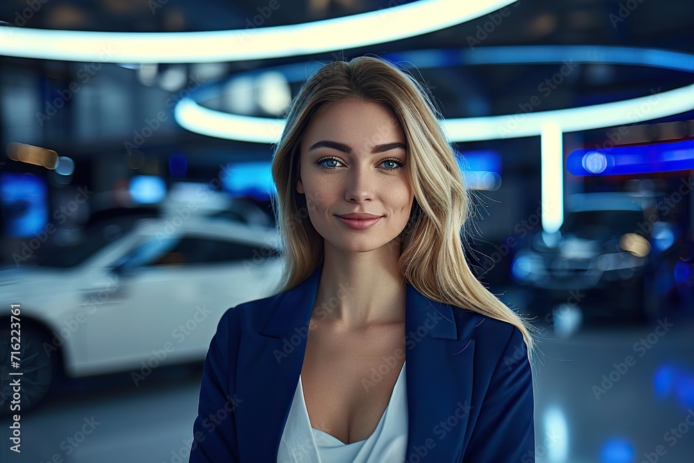 Exquisite Elegance Confident Luxury Car Saleswoman Showcasing Prestigious Vehicles in Upscale Auto Dealership Showroom Exquisite Elegance Confident Luxury Car Saleswoman Showcasing Prestigious Vehicles in Upscale Auto Dealership Showroom