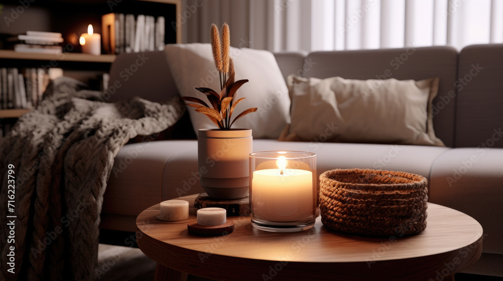 Table with candle and basket. Suitable for home decor or cozy atmosphere.