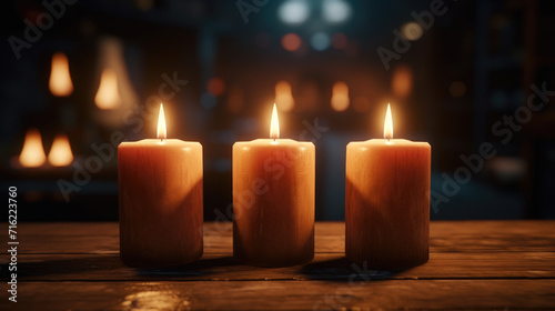Three lit candles sitting on wooden table. Can be used for creating cozy ambiance or for religious or spiritual themes