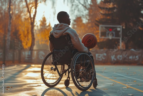 Wheelchair-using man on an outdoor basketball court playing hoops. Generative Ai. © Planum