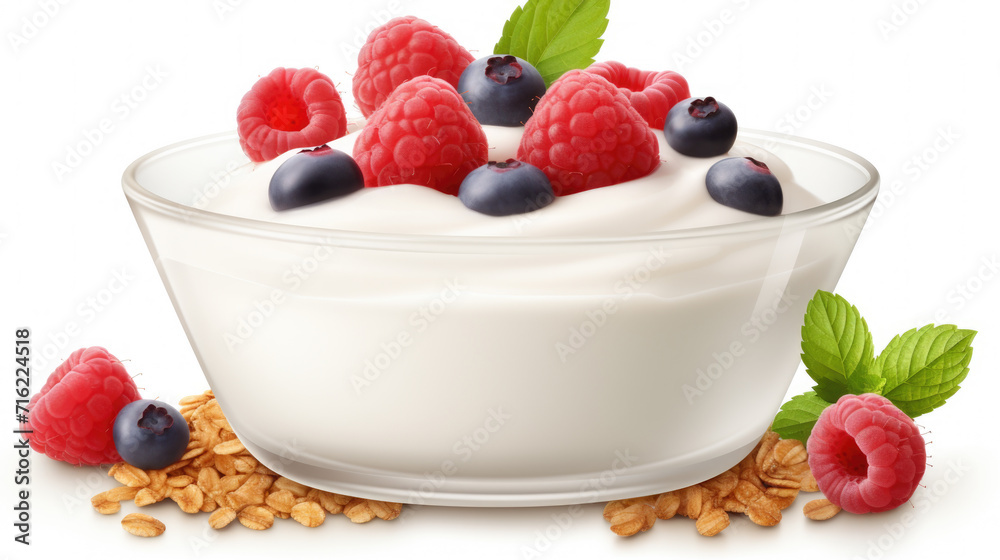 Delicious bowl of yogurt topped with fresh raspberries and blueberries. Perfect for healthy breakfast or snack Delicious bowl of yogurt topped with fresh raspberries and blueberries. Perfect for healthy breakfast or snack