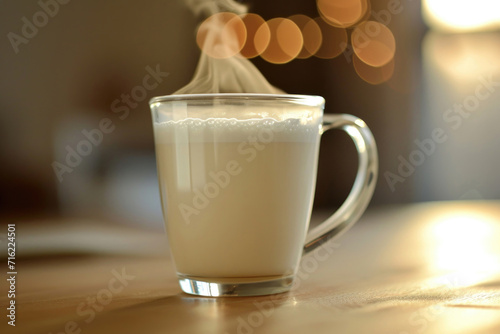 A glass mug filled with freshly steamed milk