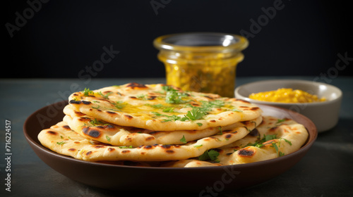 Plate of flatbreads accompanied by jar of mustard. Perfect for adding flavor to your meal