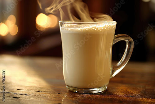 A glass mug filled with freshly steamed milk