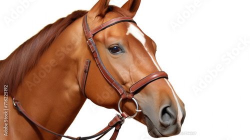 Brown horse with bridle on its head. Suitable for equestrian-related designs and projects